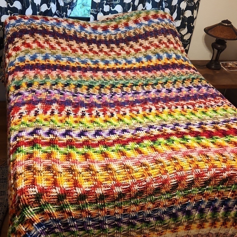 Crocheted Afghan Bedspread multi color 1970s Huge
